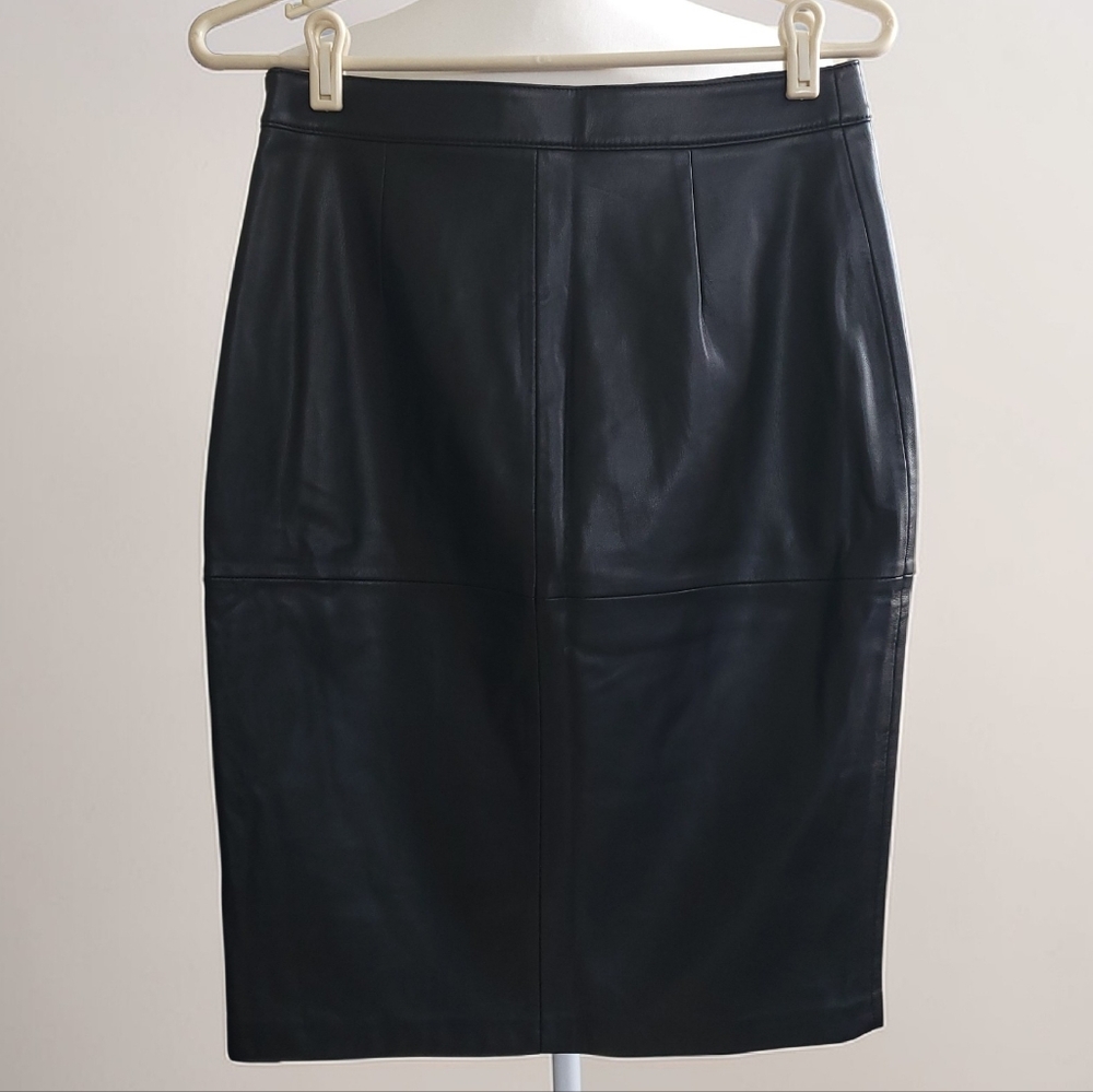 Mango Faux Leather Black High-Waisted Pencil Skirt Front Slit, Chic Sexy, Size 6 - Picture 3 of 11